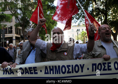 Athens, Greece. 3rd Oct, 2017. Protesting pensioners chant anti-austerity slogans as they demonstrate in central Athens. Pension associations launched a 10-day nationwide protest campaign, starting in Athens, against further bailout-related pension payment cuts planned over the next two years. Credit: Aristidis Vafeiadakis/ZUMA Wire/Alamy Live News Stock Photo