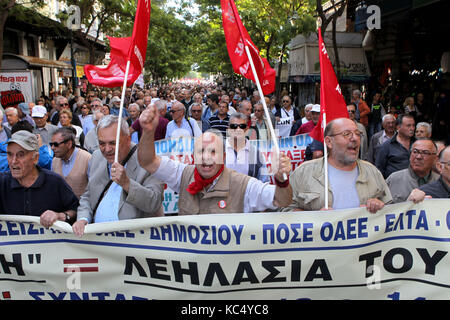 October 3, 2017 - Athens, Greece - Protesting pensioners chant anti-austerity slogans as they demonstrate in central Athens. Pension associations launched a 10-day nationwide protest campaign, starting in Athens, against further bailout-related pension payment cuts planned over the next two years. (Credit Image: © Aristidis Vafeiadakis via ZUMA Wire) Stock Photo