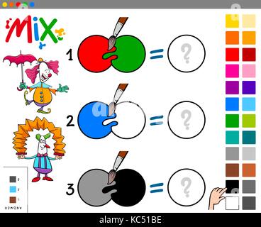 Cartoon Illustration of Mixing Colors Educational Game for Children with Funny Clown Characters Stock Vector