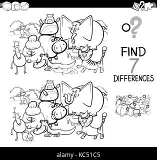 Black and White Cartoon Illustration of Searching Differences Between Pictures Educational Activity Game for Children with Animal Characters Group Col Stock Vector