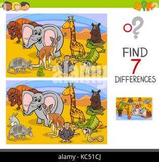 Cartoon Illustration of Searching Differences Between Pictures Educational Activity Game for Children with Wild Animal Characters Group Stock Vector