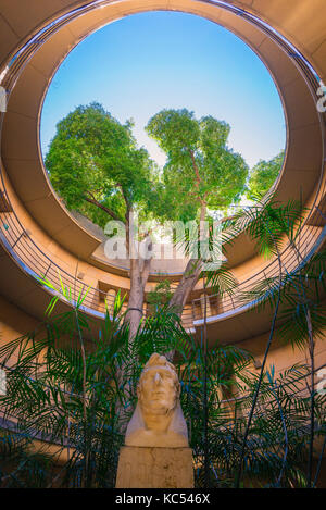Valencia Spain botanical garden, view up towards the open roof of the circular foyer of the Jardin Botanico in Valencia, Spain.