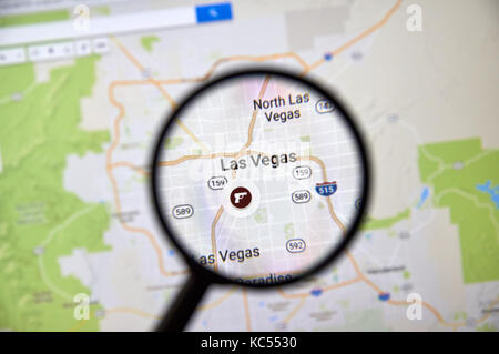 MONTREAL, CANADA - OCTOBER 2, 2017: Las Vegas on Google Map with gun icon. Las Vegas, is the 28th-most populated city in the United States, the most p Stock Photo