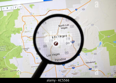 MONTREAL, CANADA - OCTOBER 2, 2017: Las Vegas on Google Map with gun icon. Las Vegas, is the 28th-most populated city in the United States, the most p Stock Photo