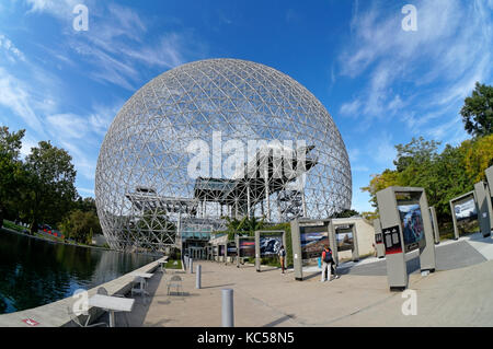 Tourists outside the Montreal Biosphere in Parc Jean Drapeau, Ile Sainte-Helene, Montreal, Quebec, Canada Stock Photo