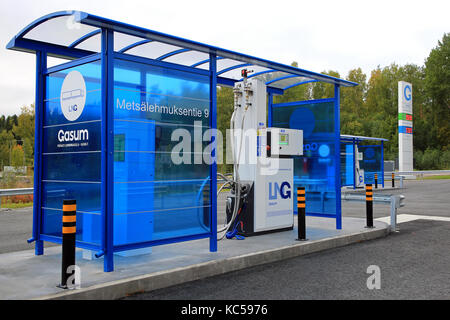 JYVASKYLA, FINLAND - SEPTEMBER 22, 2017: LNG fuel dispenser for trucks on Gasum natural gas filling station for cars and heavy duty vehicles. Stock Photo