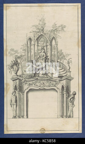 Fireplace Flanked by Commedia dell'arte Figures with Overmantle Showing a Gothic Gazebo, in Chippendale Drawings, Vol. I Stock Photo