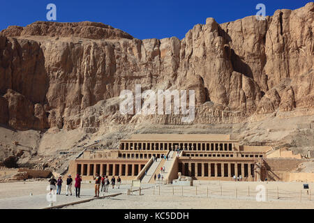 The mortuary temple of the first female Pharaoh Hatshepsut, Hatshepsut temple at Deir el-Bahari on the west bank of the Nile at Thebes, Africa, Egypt Stock Photo