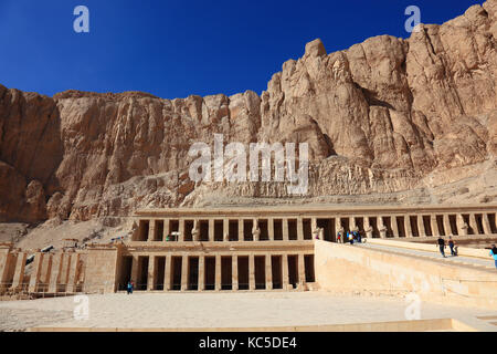The mortuary temple of the first female Pharaoh Hatshepsut, Part of the Hatshepsut temple complex at Deir el-Bahari on the west bank of the Nile at Th Stock Photo