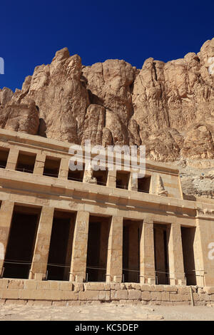 The mortuary temple of the first female Pharaoh Hatshepsut, Part of the Hatshepsut temple complex at Deir el-Bahari on the west bank of the Nile at Th Stock Photo