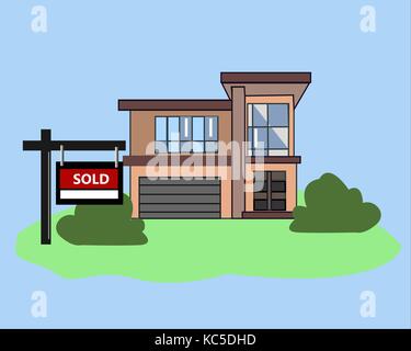 Picture. House Sold. Real Estate Sign to advertise a house listing. Basic Sign Sold in front of a modern House. Stock Vector