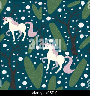 Unicorn Seamless Pattern. Green Background with spruce, fir and trees.Unicorn Seamless Pattern. Winter. Unicorns, spruce, fir trees.Vector Illustratio Stock Vector