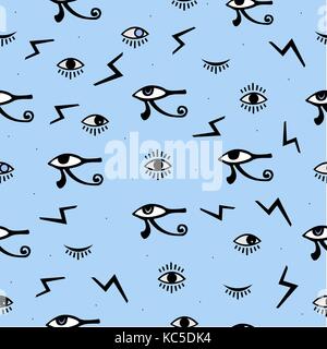Third Eye Seamless pattern. Yellow, blue and black colors. Seamless Pattern. Psychedelic eyes. Egyptian, closed and opened eye, suspicious eye. Good f Stock Vector