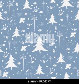 Seamless Winter/Merry Christmas Pattern with spruce trees, fir, berries, birds, rowan. Vector Illustration. Stock Vector