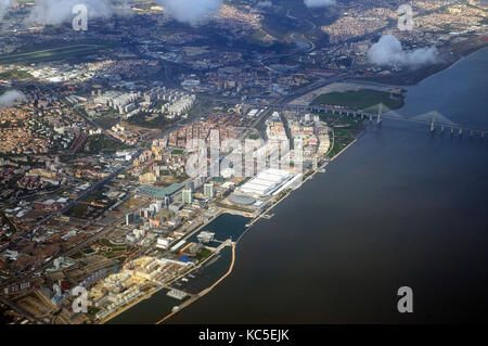 Aerial view of Parque das Nações and the Tagus river, Lisbon. Portugal Stock Photo