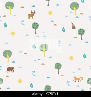 Seamless Summer Pattern with forest animals. For backgrounds, wallpapers, fabric, prints, textiles, wrapping, cards, cover. Stock Vector