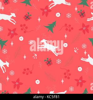 Seamless pattern with ornaments, deer, snowflakes, spruce branches,poinsettia and berries on a red background. Vector illustration.Winter, Merry Chris Stock Vector