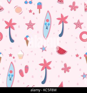 Summer Seamless Pattern. Stylized Summer Elements with shadows. Vector Illustration Stock Vector