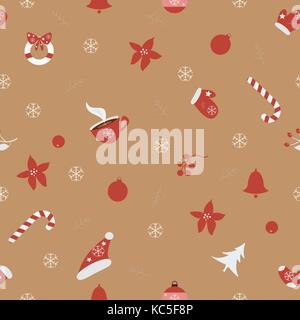 Seamless pattern with ornaments, coffee, snowflakes, spruce branches, wreath, poinsettia and berries on a brown background. Vector illustration.Winter Stock Vector