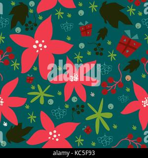 Seamless floral pattern of hand drawn poinsettia, berries, leafs, snowflakes. Winter/Fall/Merry Christmas Collection. Great For backgrounds, wrapping  Stock Vector