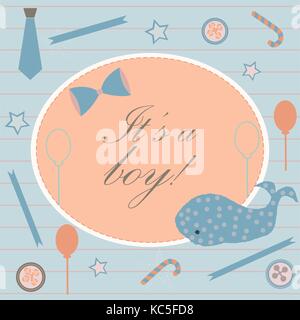 Baby Boy Birth announcement. Baby shower invitation card. Cute whale announces the arrival of boy. Card Design on Teal Background with ribbons, tie, b Stock Vector