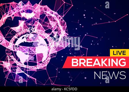 Breaking News Live Banner on Blue Glowing Plexus Structure Background with Earth Planet. World News on Abstract Geometric Network with Connecting Lines and Triangles. Technology Vector Illustration. Stock Vector