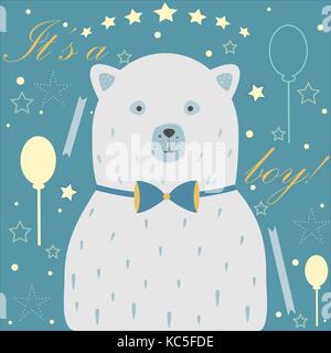 Baby Boy Birth announcement. Baby shower invitation card. Cute White Bear announces the arrival of a baby boy. Card Design with message. Blue Backgrou Stock Vector