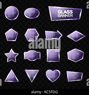 Glass plates set. Triangle, square, rectangle, hexagon, pentagon, star, heart, circle textured frames with glow and light on transparent background. Technology shapes. Realistic vector illustration. Stock Vector