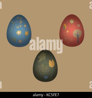 Collection Of Colorful Happy Easter Eggs with flowers, berries and trees. Retro Style. Colorful Design Vector Illustration. Stock Vector