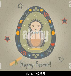 Festive Easter Egg with Cute Character in Funny Dress. From Easter Animal Collection. Creative Card. Vector Illustration. Stock Vector