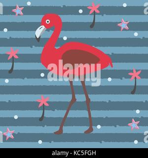 Cute Pink Flamingo with Palms and Stars on a Blue Background with Stripes. Summer Collection. Vector Illustration. Stock Vector