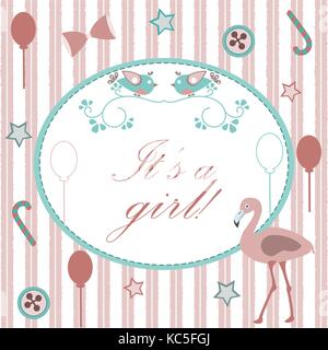 Baby girl Birth announcement. Baby shower invitation card. Cute Pink Flamingo Bird announces the arrival of a baby girl. Retro Card Design. Pink Backg Stock Vector