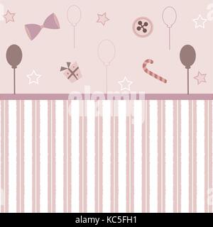 Cute Girlish Frame in pink with festive balloons, bow, gift, candy and stars. Vector Illustration Stock Vector