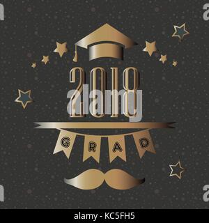 Grad of Class 2018 with mustache, graduation cap and stars in gold rich on festive background. Vector Illustration Stock Vector