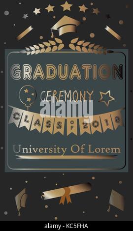 Graduation Ceremony Announcement. Rich Golden Style with golden glitter elements. Congratulations Graduates. Stock Vector