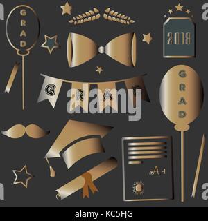Graduation Package. Two Thousand Eighteen. Dark Background with rich golden graduation elements. Bow, tie, cap, mustache, etc. For Posters, banners, T Stock Vector