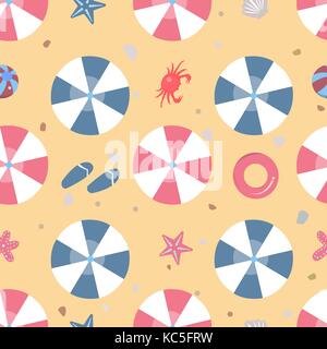 Beach Seamless Pattern with umbrellas, crab, rubber ring, etc. Vector Illustration Stock Vector