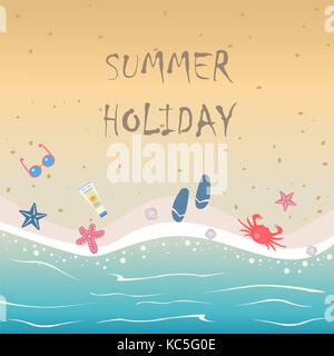 Summer Vector Illustration. Seashore with summer beach objects. From Summer Collection. Background template. For cards, postcards, posters, banners, e Stock Vector