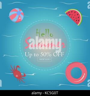 Summer Sale Card with Crab, rubber ring, watermelon and swimming pool ball. Colorful Design Stock Vector