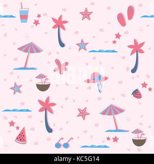 Summer Seamless Pattern. Stylized Summer Elements with shadows. Vector Illustration Stock Vector