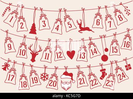 Advent calendar with Christmas bags, Santa Claus and reindeer, set of vector design elements Stock Vector