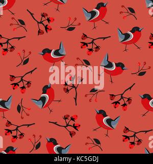 Bird Seamless Pattern. Bullfinch birds on a modern red background with red berries of rowan and brier. Winter/Merry Christmas Collection.Vector Illust Stock Vector