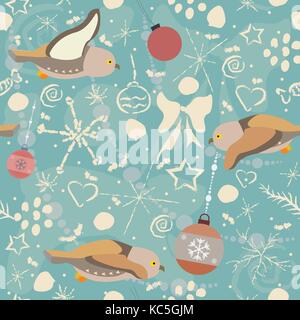 Cute Seamless Winter Pattern with owls and winter doodles. Vector Illustration. Stock Vector