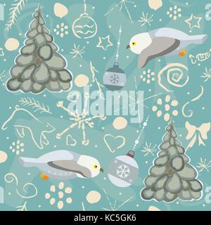 Seamless Winter Pattern with owls and trees. Vector Illustration. Stock Vector