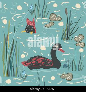 Duck Bird Seamless Pattern. Ducks on the lake. Vector Illustration Stock Vector