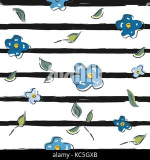Hand Drawn Seamless Floral Pattern with black stripes texture. Pastel Color of Blue. Modern textile. Vector Illustration. Stock Vector