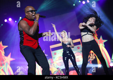 Haddaway (civil name Alexander Nestor Haddaway), Trinidadian-German singer performs his 90s Eurodance hit 'What is love' (here with femal co-singer and dancer) at 90er Party Arena Wetzlar (party with mainly Eurodance-stars from the 90s), Rittal-Arena, Wetzlar, Germany, 30th September, 2017. Credit: Christian Lademann Stock Photo