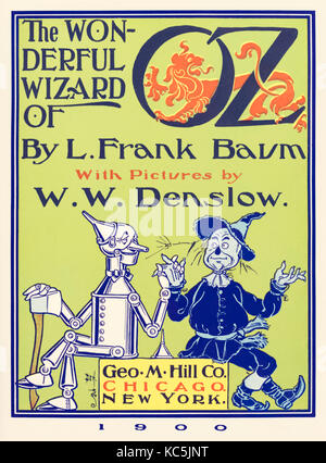 Title page from ‘The Wonderful Wizard of Oz’ by L. Frank Baum (1856-1919) with pictures by W. W. Denslow (1856-1915), featuring the tin man and the scarecrow. Full set of full page images from first edition to follow in Oct 2017. See more information below. Stock Photo