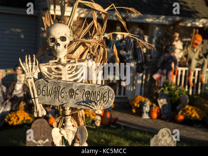 Halloween decorations in front of a house in Ramsey, New Jersey Stock Photo