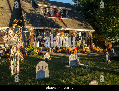 Halloween decorations in front of a house in Ramsey, New Jersey Stock Photo